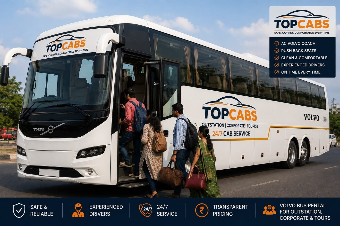 Passengers boarding a TopCabs Volvo coach for a group trip